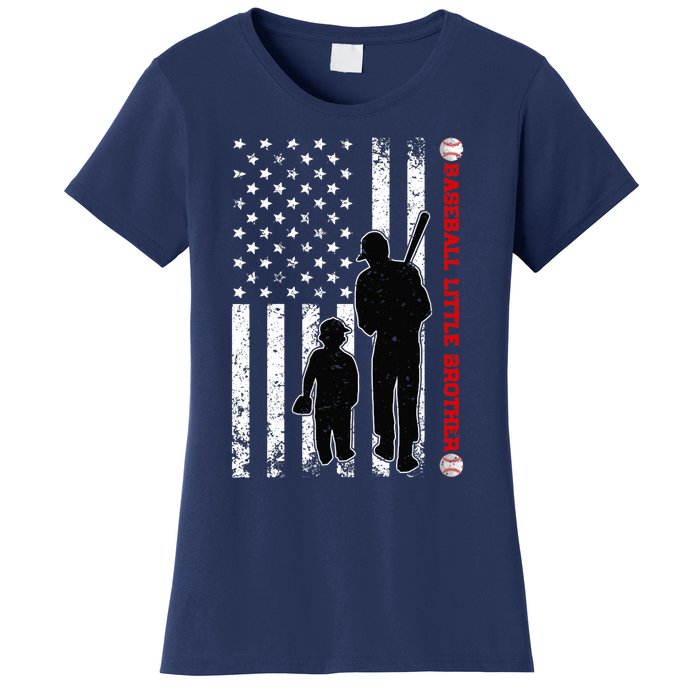 Wo Funny Proud Baseball Little Brother US Flag Father's Day Women's T-Shirt