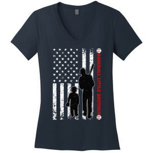 Wo Funny Proud Baseball Little Brother US Flag Father's Day Women's V-Neck T-Shirt