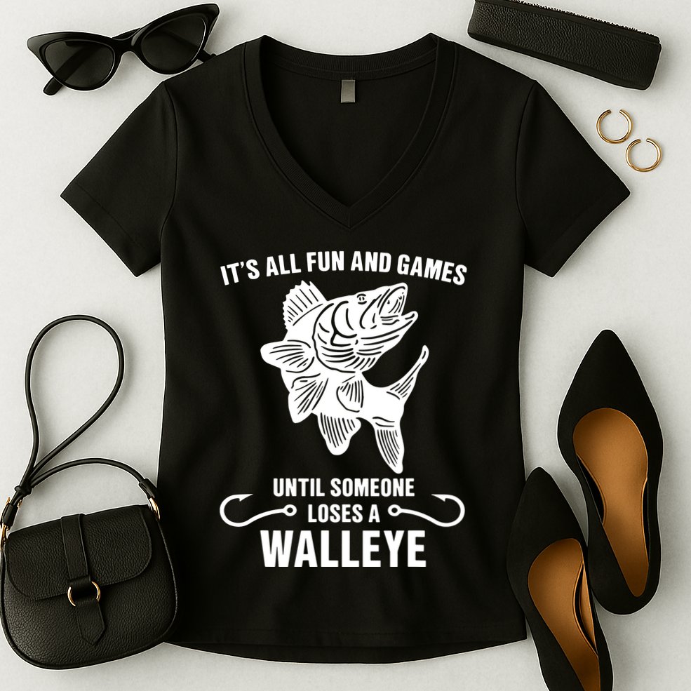 Walleye Fishing Pine Forest Treeline Fisherman Gift Women's V-Neck T-Shirt