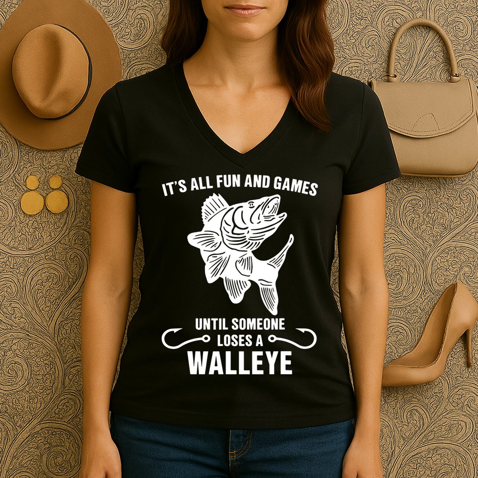 Walleye Fishing Pine Forest Treeline Fisherman Gift Women's V-Neck T-Shirt