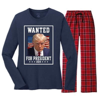 Wanted For President 2024 USA Donald Trump Women's Long Sleeve Flannel Pajama Set 