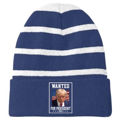 Wanted For President 2024 USA Donald Trump Striped Beanie with Solid Band