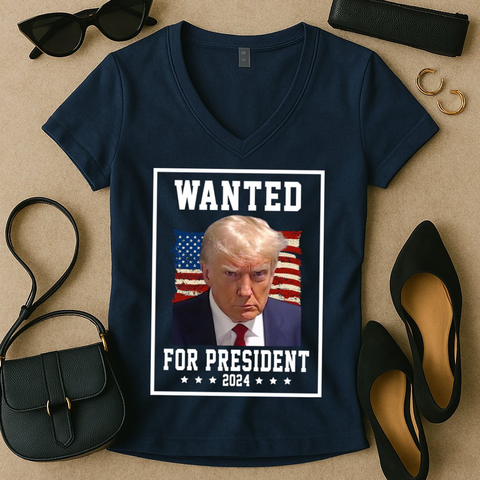 Wanted For President 2024 USA Donald Trump Women's V-Neck T-Shirt