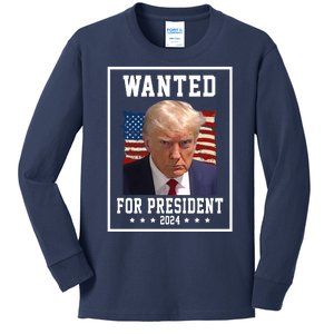 Wanted For President 2024 USA Donald Trump Kids Long Sleeve Shirt