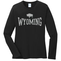 Wyoming Flag Retro Home State Vintage Distressed Ladies Long Sleeve Shirt