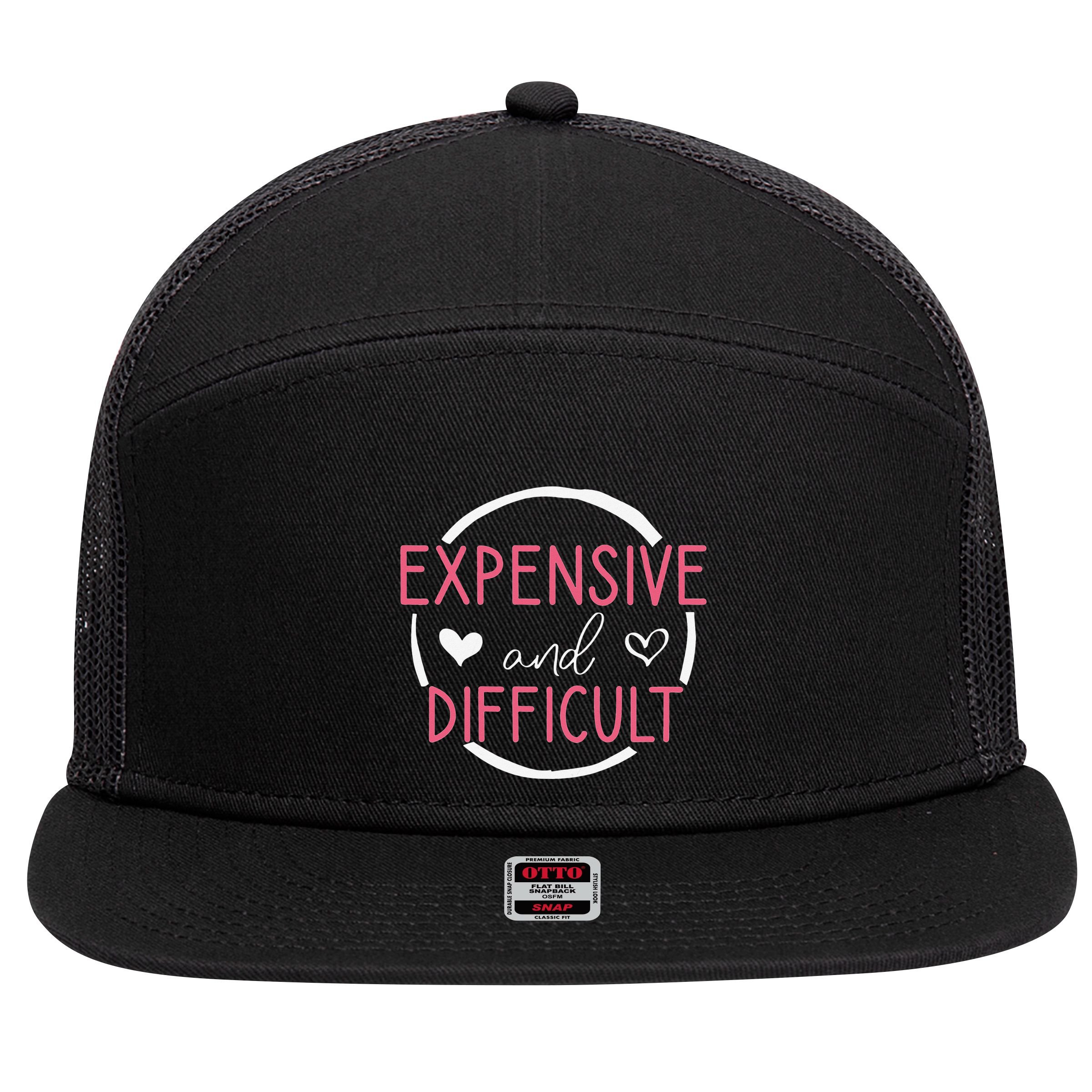 Wo Funny Saying Expensive and Difficult Cute Heart 7 Panel Mesh Trucker Snapback Hat