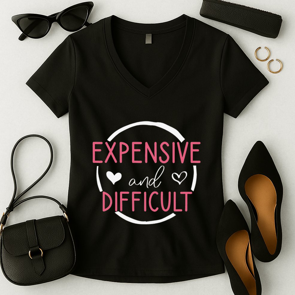 Wo Funny Saying Expensive and Difficult Cute Heart Women's V-Neck T-Shirt