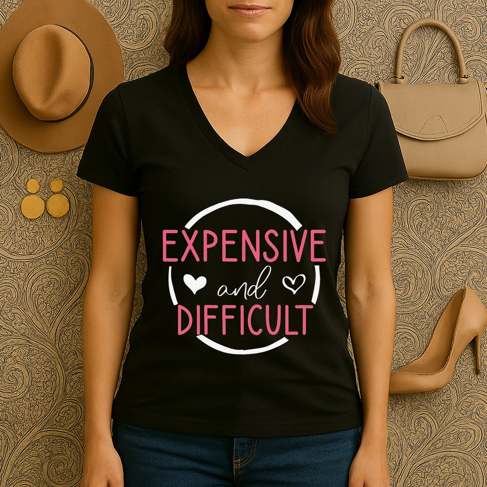 Wo Funny Saying Expensive and Difficult Cute Heart Women's V-Neck T-Shirt