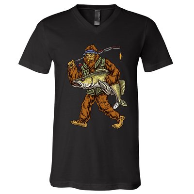 Walleye Fishing Sauger Hunting Bigfoot Fishermen V-Neck T-Shirt