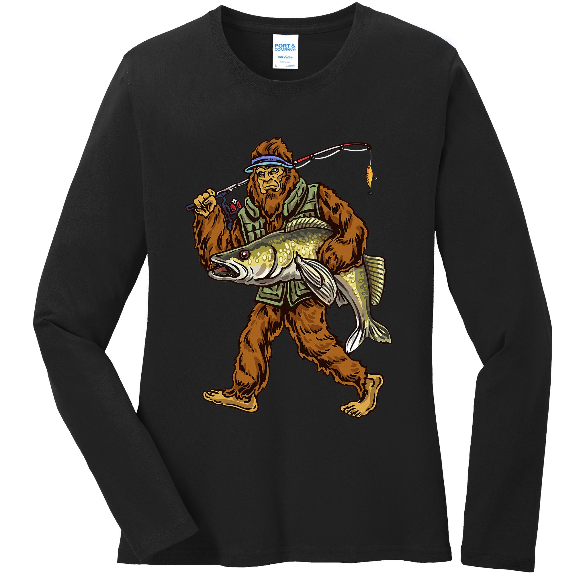 Walleye Fishing Sauger Hunting Bigfoot Fishermen Ladies Long Sleeve Shirt