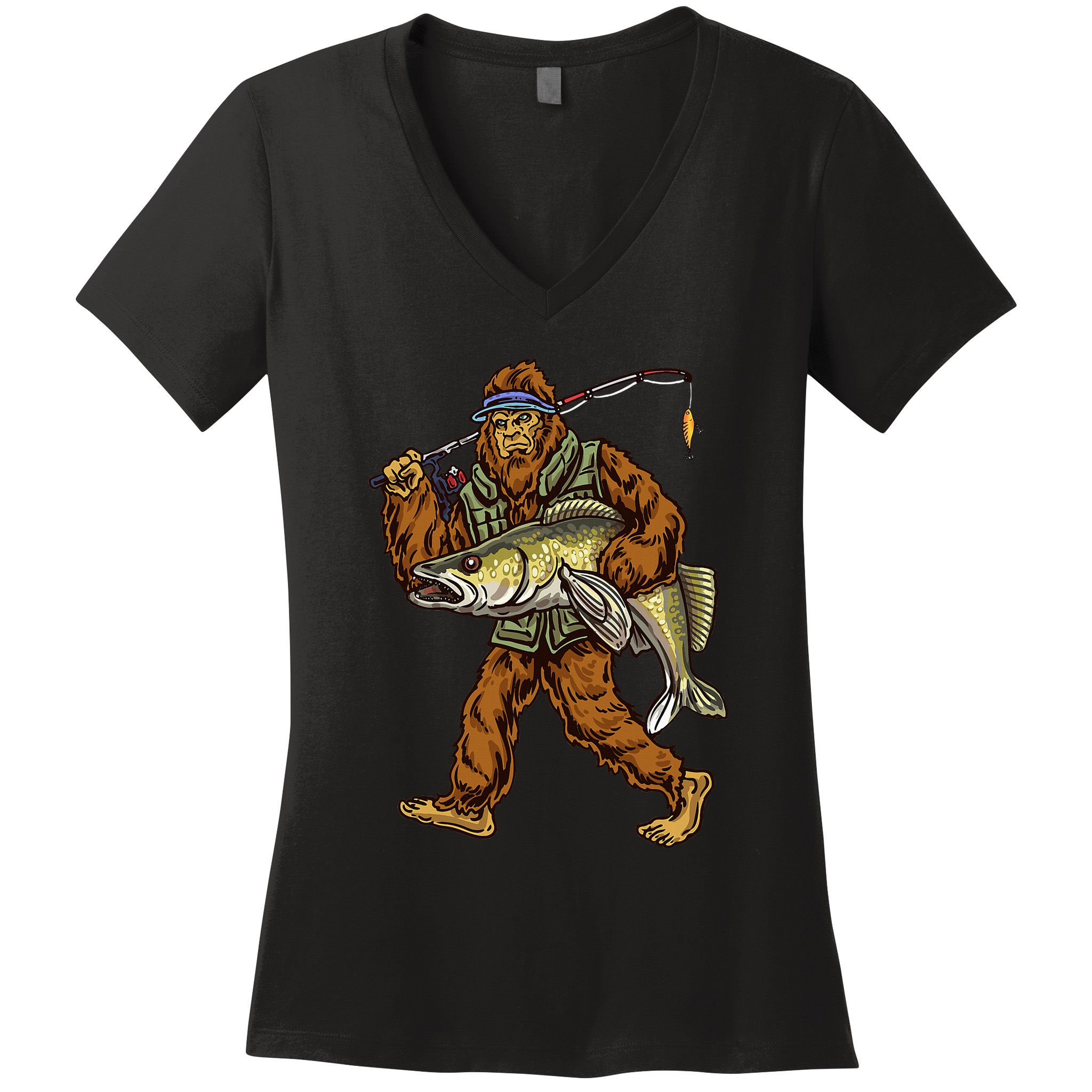 Walleye Fishing Sauger Hunting Bigfoot Fishermen Women's V-Neck T-Shirt