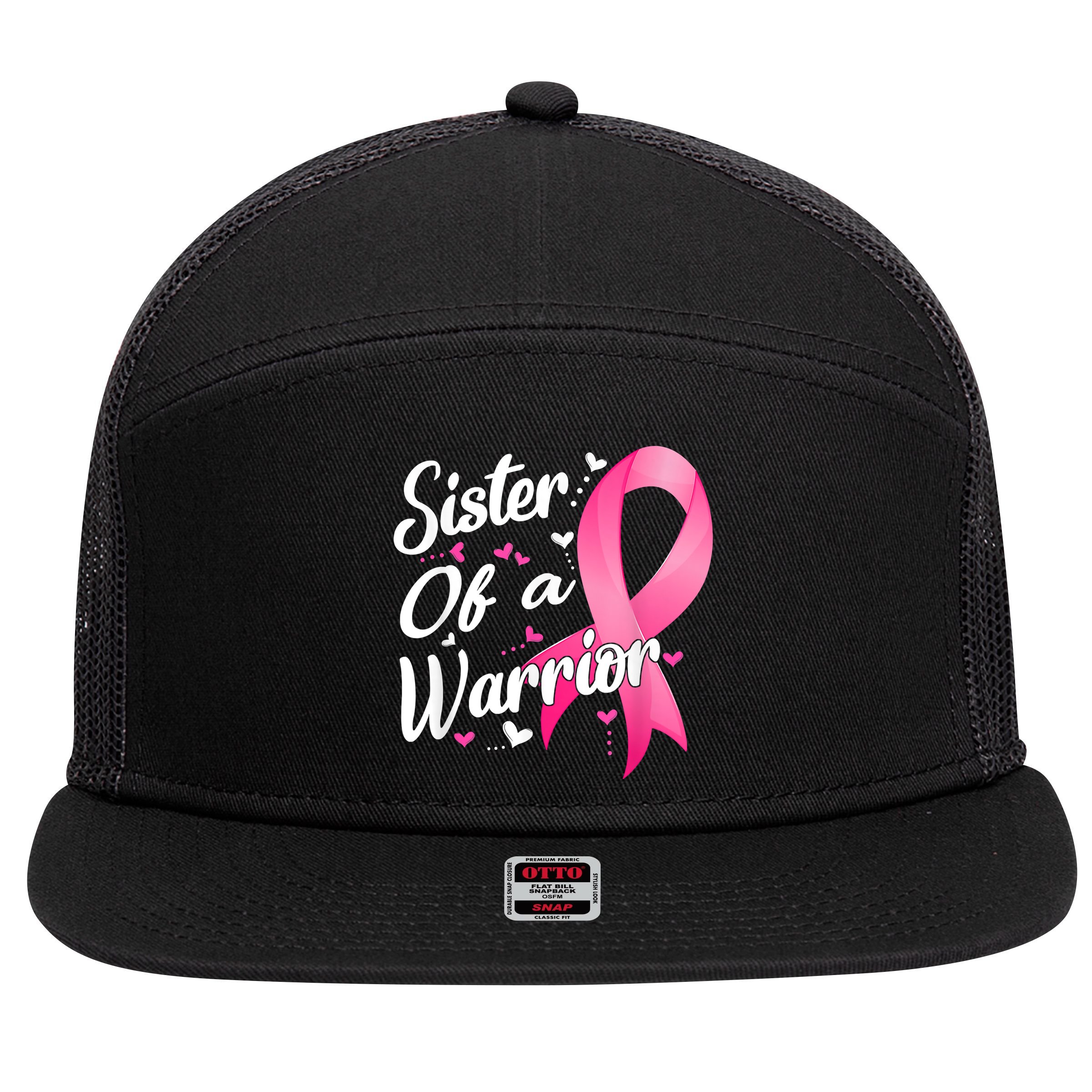 Womens Fighter Sister Of A Warrior Breast Cancer Fighting 7 Panel Mesh Trucker Snapback Hat