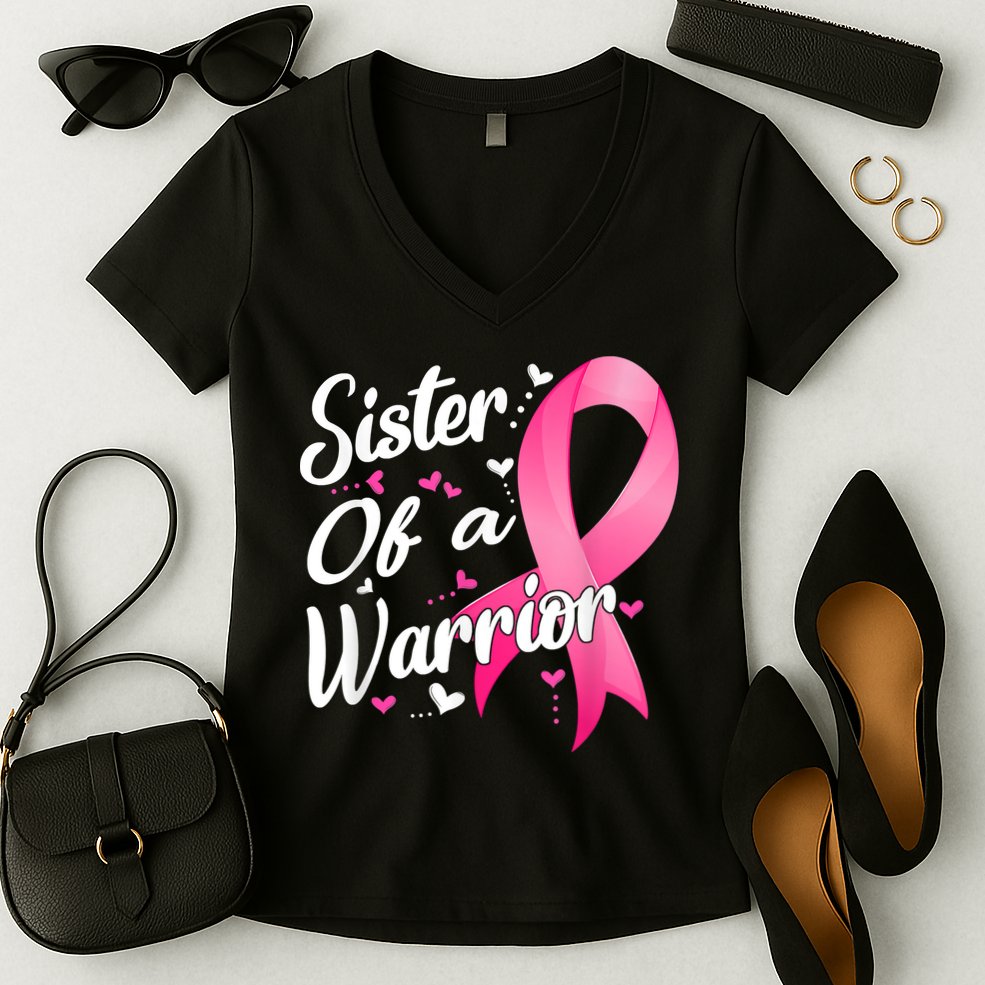 Womens Fighter Sister Of A Warrior Breast Cancer Fighting Women's V-Neck T-Shirt
