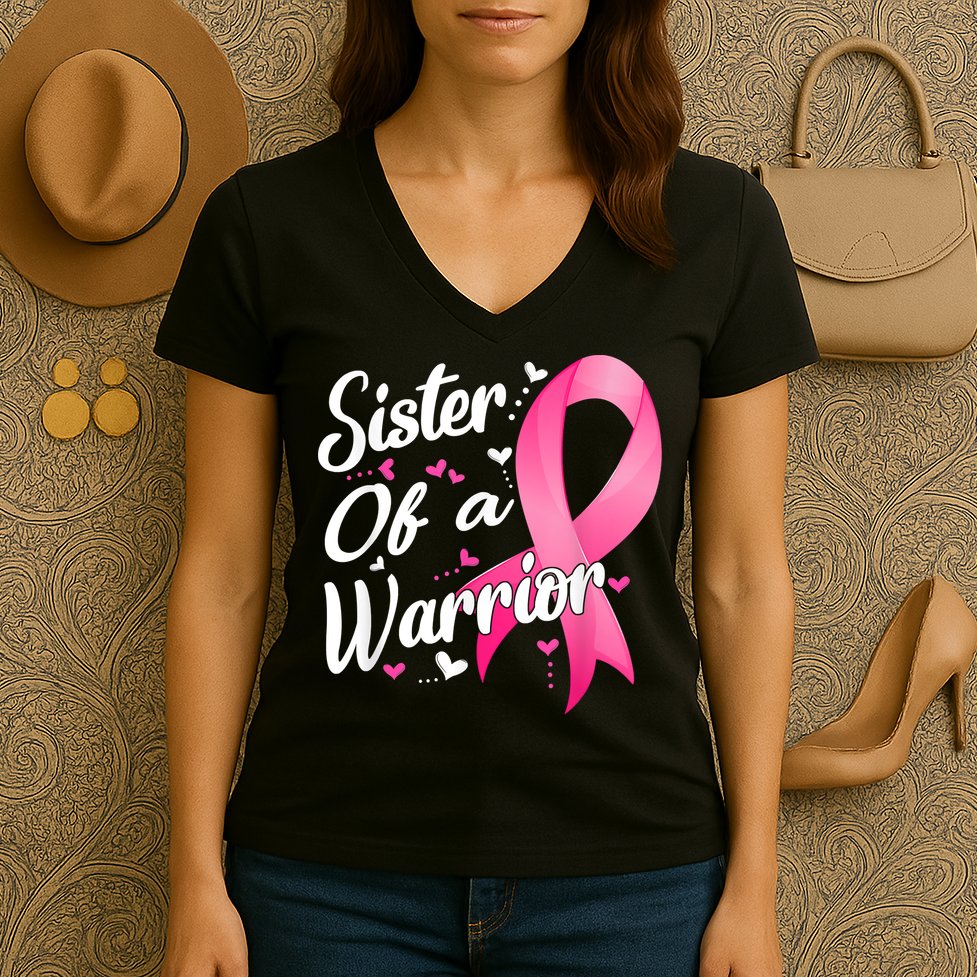 Womens Fighter Sister Of A Warrior Breast Cancer Fighting Women's V-Neck T-Shirt