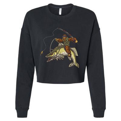 Walleye Fishing Sauger Hunting Bigfoot Fishermen Cropped Pullover Crew