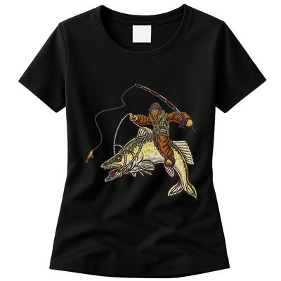Walleye Fishing Sauger Hunting Bigfoot Fishermen Womens T-Shirt