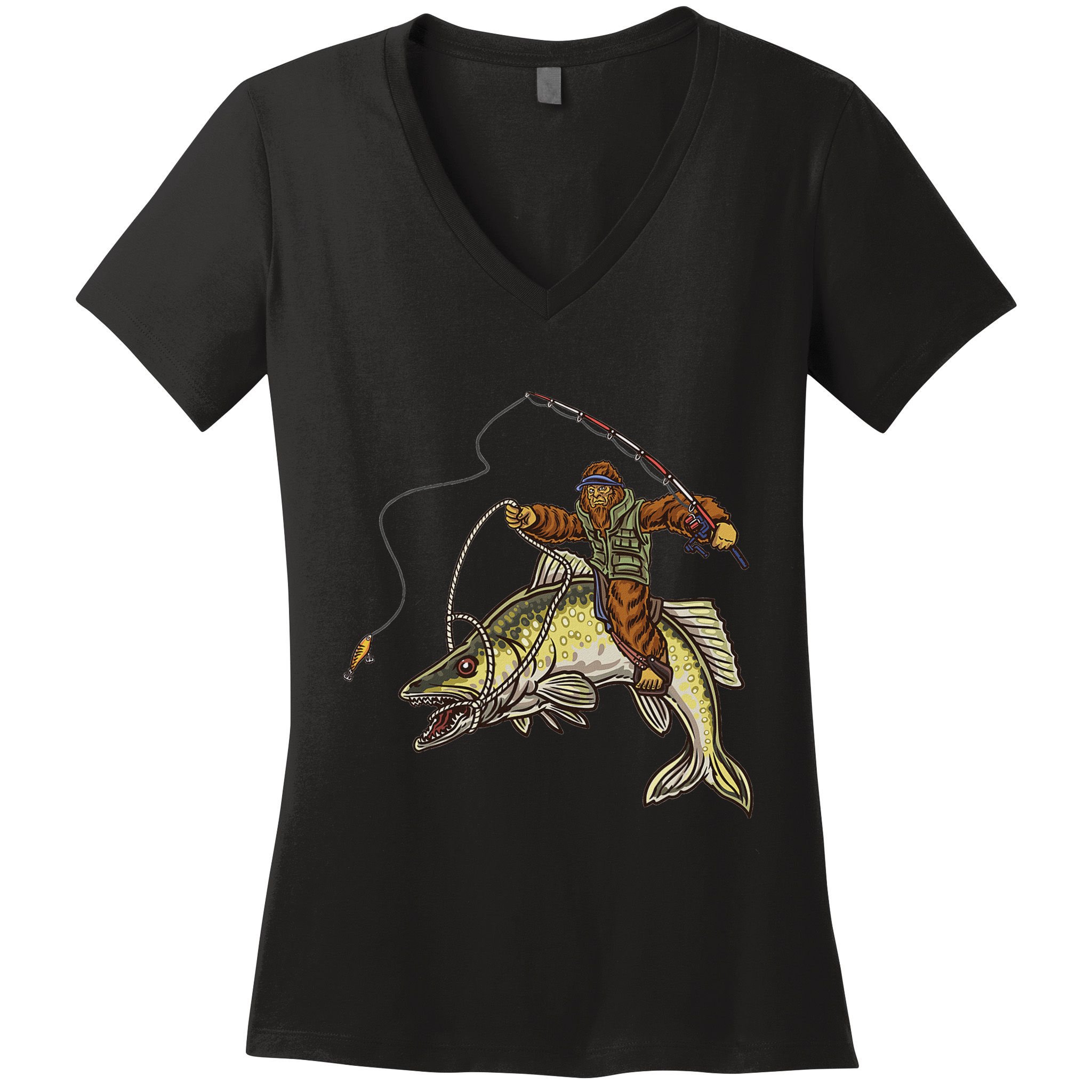Walleye Fishing Sauger Hunting Bigfoot Fishermen Women's V-Neck T-Shirt