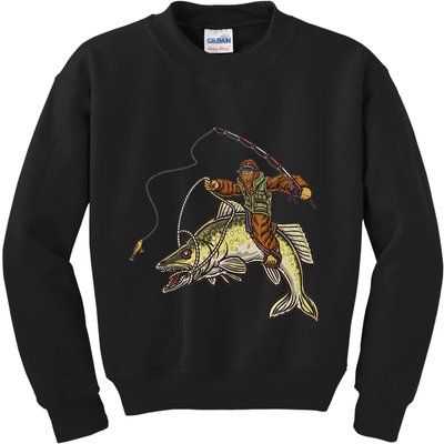 Walleye Fishing Sauger Hunting Bigfoot Fishermen Kids Sweatshirt