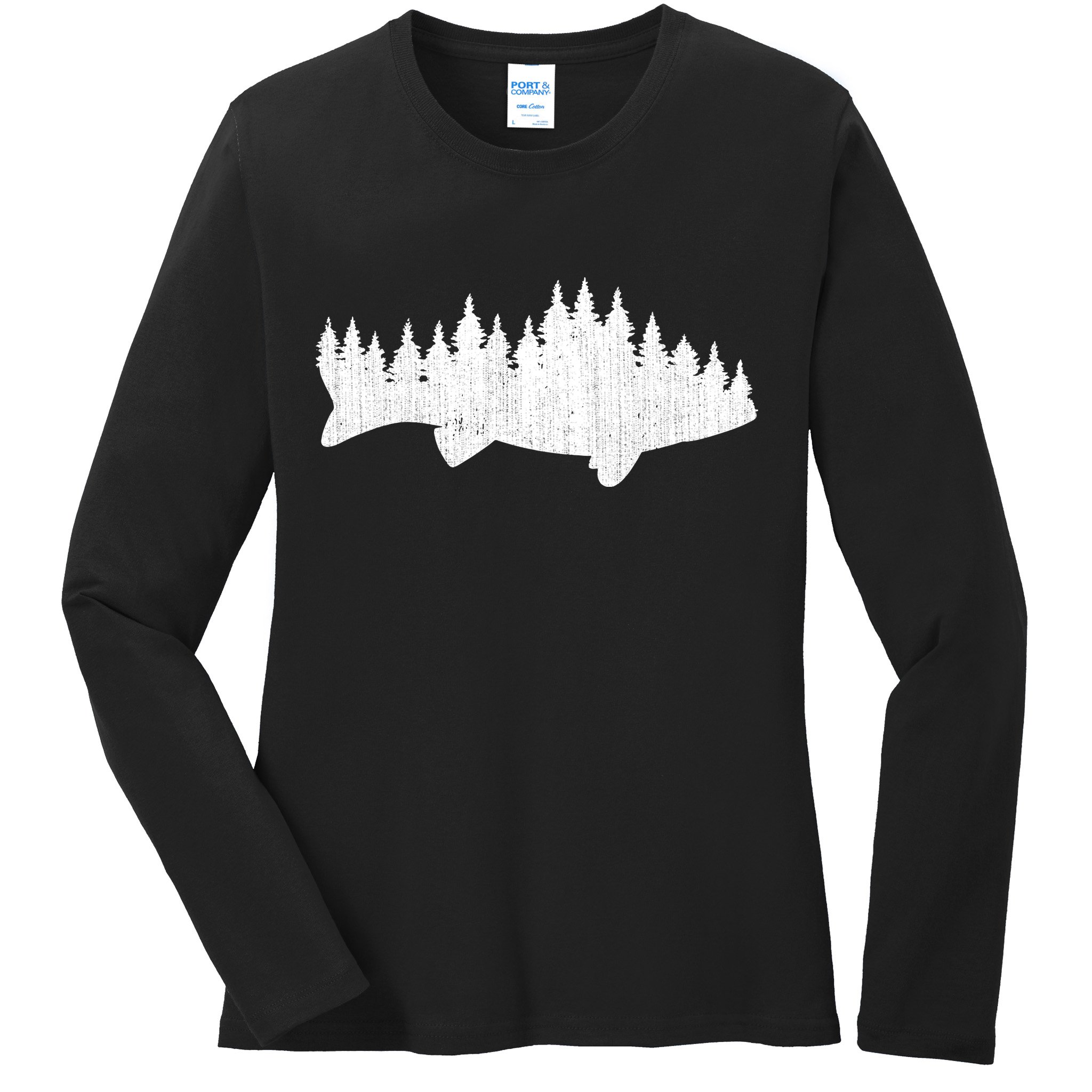 Walleye Fishing Sauger Fisherman Pine Forest Treeline Ladies Long Sleeve Shirt