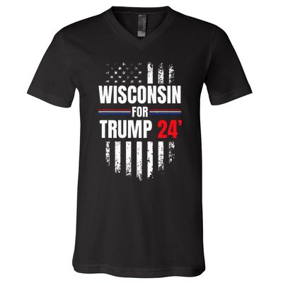 Wisconsin For Trump 2024 American Flag V-Neck T-Shirt