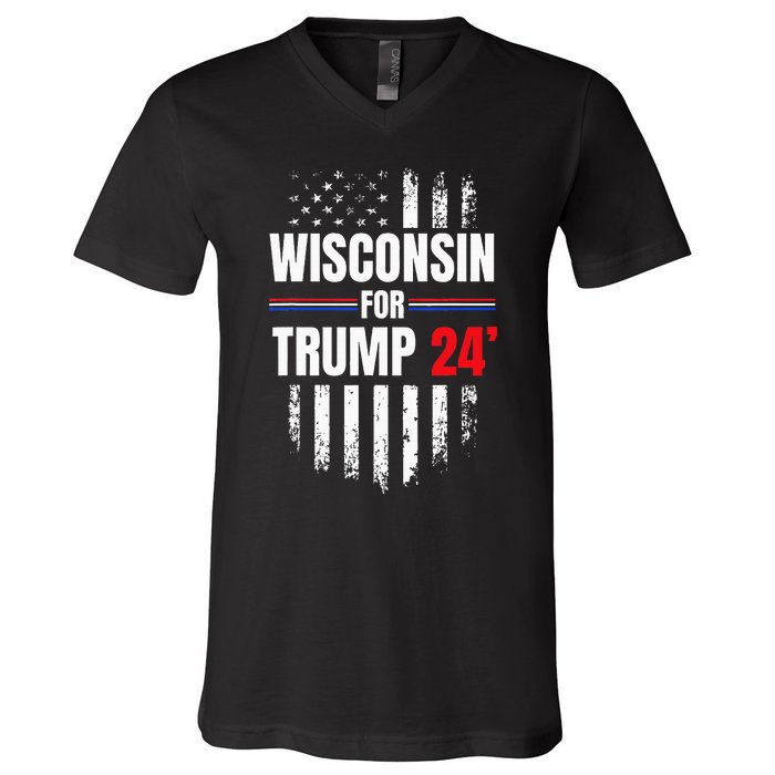 Wisconsin For Trump 2024 American Flag V-Neck T-Shirt