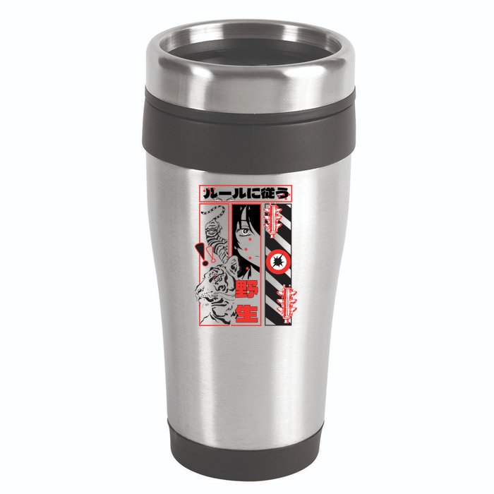 Wild, Follow The Rules Japanese Text With Tiger And Anime Girl 16oz Travel Tumbler
