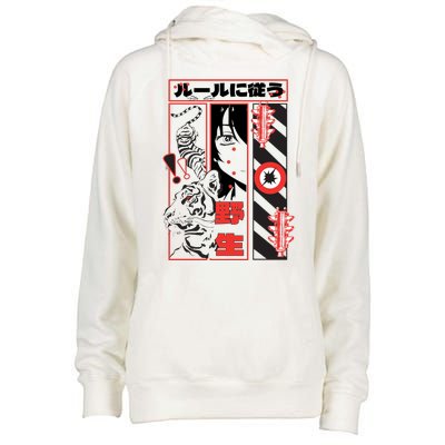 Wild, Follow The Rules Japanese Text With Tiger And Anime Girl Womens Funnel Neck Pullover Hood