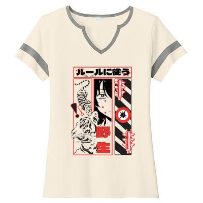 Wild, Follow The Rules Japanese Text With Tiger And Anime Girl Ladies Halftime Notch Neck Tee