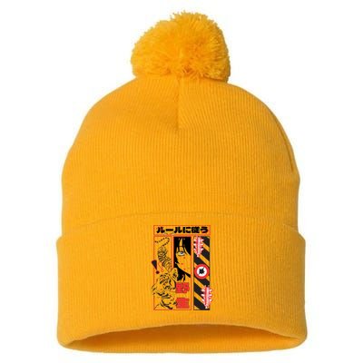 Wild, Follow The Rules Japanese Text With Tiger And Anime Girl Pom Pom 12in Knit Beanie