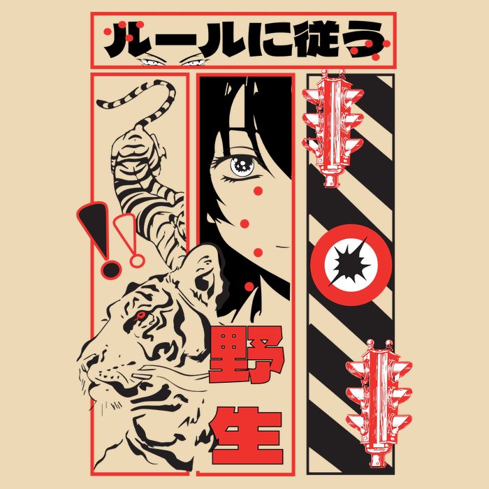 Wild, Follow The Rules Japanese Text With Tiger And Anime Girl Drawstring Bag