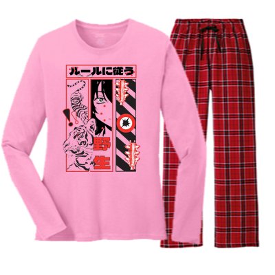 Wild, Follow The Rules Japanese Text With Tiger And Anime Girl Women's Long Sleeve Flannel Pajama Set 