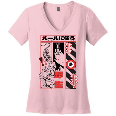 Wild, Follow The Rules Japanese Text With Tiger And Anime Girl Women's V-Neck T-Shirt