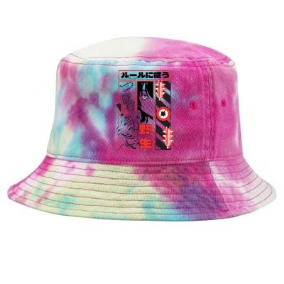 Wild, Follow The Rules Japanese Text With Tiger And Anime Girl Tie-Dyed Bucket Hat