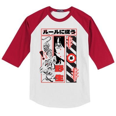 Wild, Follow The Rules Japanese Text With Tiger And Anime Girl Kids Colorblock Raglan Jersey