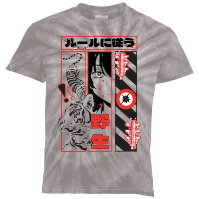 Wild, Follow The Rules Japanese Text With Tiger And Anime Girl Kids Tie-Dye T-Shirt