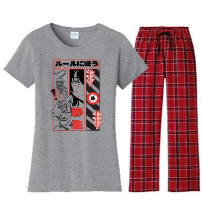 Wild, Follow The Rules Japanese Text With Tiger And Anime Girl Women's Flannel Pajama Set