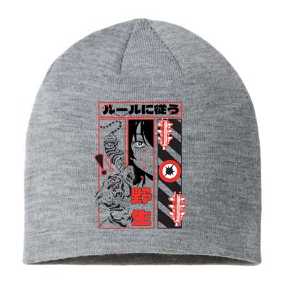 Wild, Follow The Rules Japanese Text With Tiger And Anime Girl Sustainable Beanie