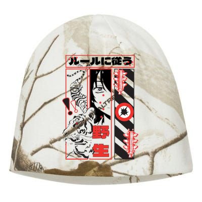 Wild, Follow The Rules Japanese Text With Tiger And Anime Girl Kati - Camo Knit Beanie