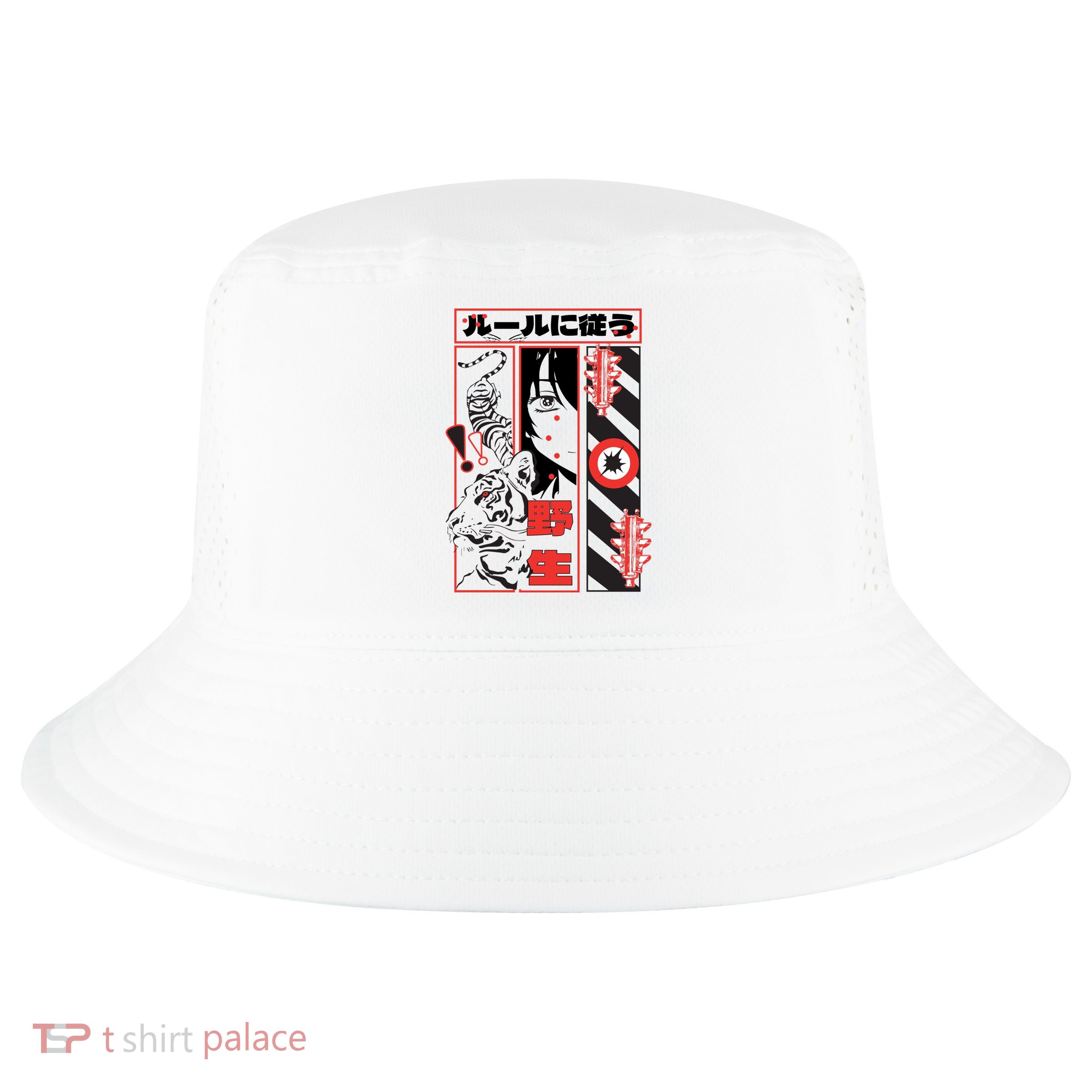 Wild, Follow The Rules Japanese Text With Tiger And Anime Girl Cool Comfort Performance Bucket Hat