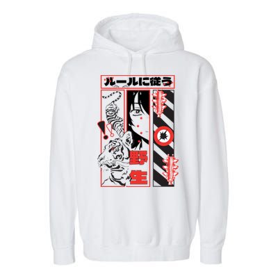 Wild, Follow The Rules Japanese Text With Tiger And Anime Girl Garment-Dyed Fleece Hoodie