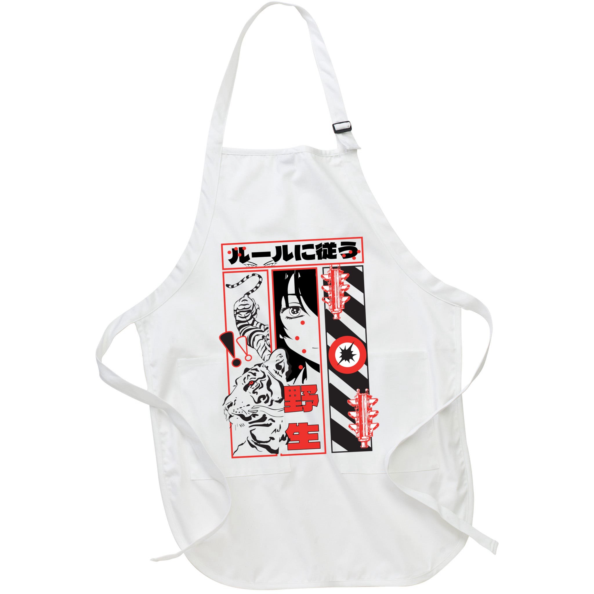 Wild, Follow The Rules Japanese Text With Tiger And Anime Girl Apron