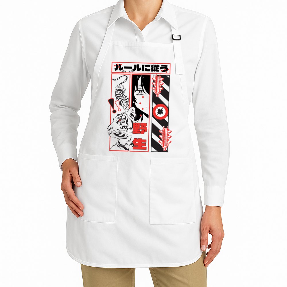 Wild, Follow The Rules Japanese Text With Tiger And Anime Girl Apron