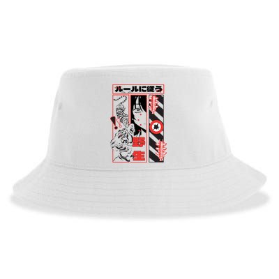 Wild, Follow The Rules Japanese Text With Tiger And Anime Girl Sustainable Bucket Hat