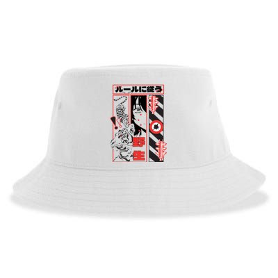 Wild, Follow The Rules Japanese Text With Tiger And Anime Girl Sustainable Bucket Hat