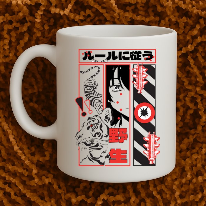 Wild, Follow The Rules Japanese Text With Tiger And Anime Girl Mug