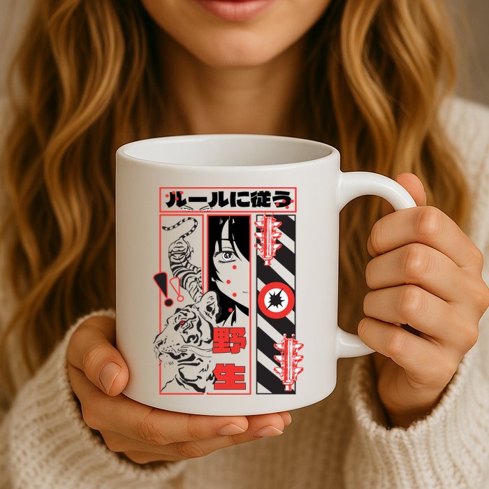 Wild, Follow The Rules Japanese Text With Tiger And Anime Girl Mug