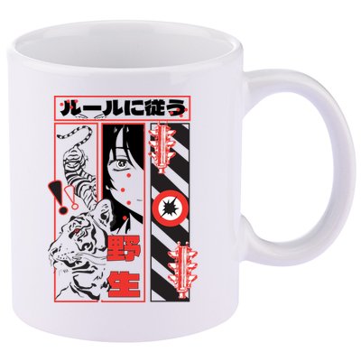 Wild, Follow The Rules Japanese Text With Tiger And Anime Girl 11oz C Handle Ceramic Mug