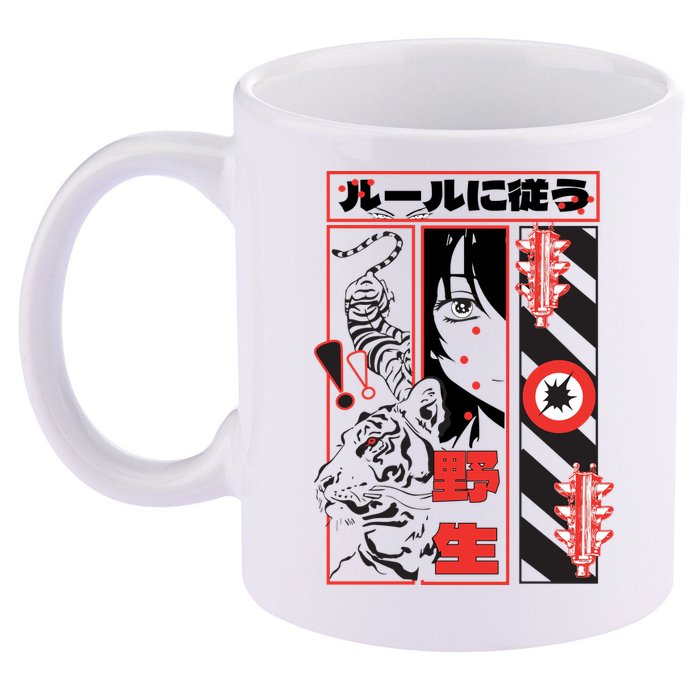 Wild, Follow The Rules Japanese Text With Tiger And Anime Girl 11oz C Handle Ceramic Mug