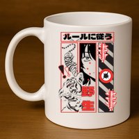 Wild, Follow The Rules Japanese Text With Tiger And Anime Girl 11oz C Handle Ceramic Mug