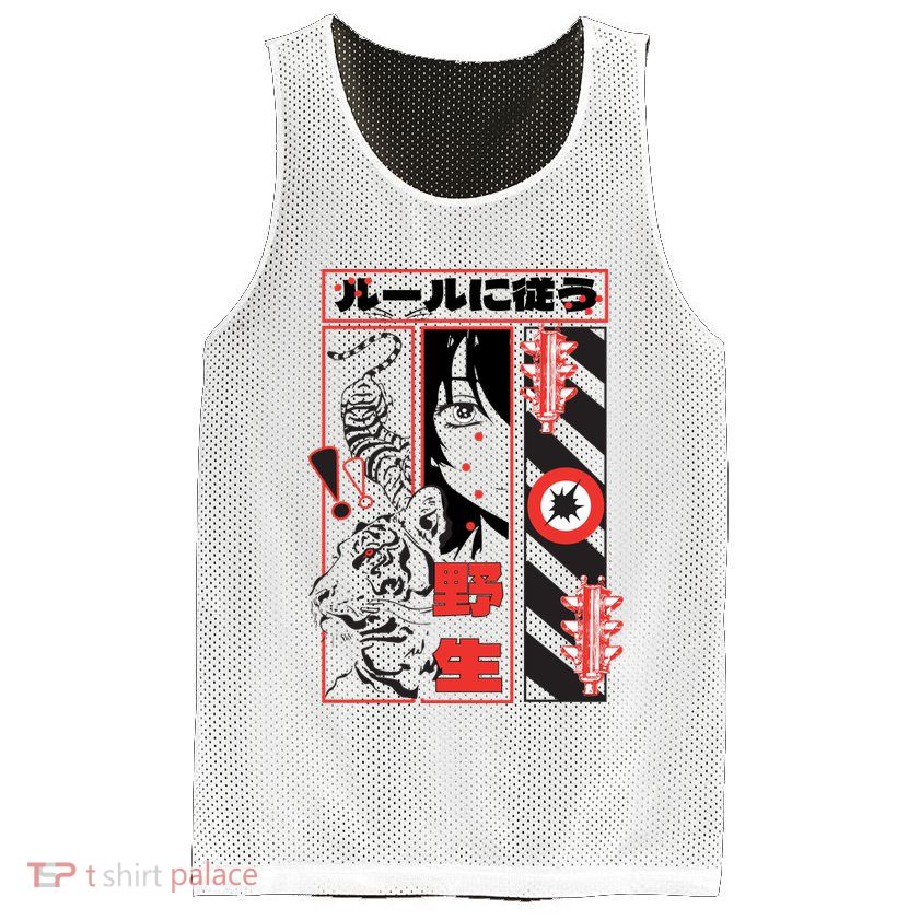 Wild, Follow The Rules Japanese Text With Tiger And Anime Girl Mesh Reversible Basketball Jersey Tank